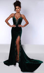 Velvet Mermaid Halter Slit Open-Back Mesh Sheer Natural Waistline Evening Dress with a Brush/Sweep Train With Rhinestones