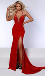 Halter Natural Waistline Slit Mesh Sheer Open-Back Velvet Mermaid Evening Dress with a Brush/Sweep Train With Rhinestones