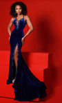 Natural Waistline Velvet Halter Mesh Slit Open-Back Sheer Mermaid Evening Dress with a Brush/Sweep Train With Rhinestones