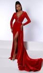 Sophisticated V-neck Open-Back Slit Beaded Trim Sheath Natural Waistline Velvet Long Sleeves Sheath Dress With Rhinestones