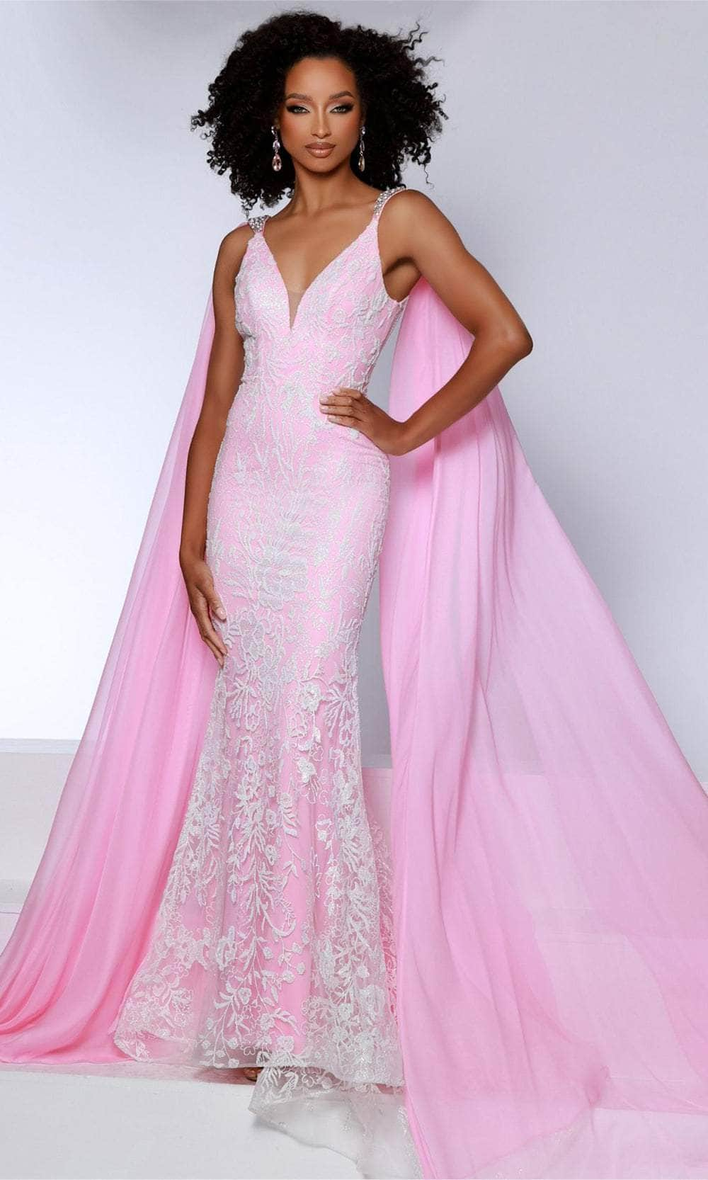 Johnathan Kayne 2826 - Long Cape Embroidered Prom Dress
