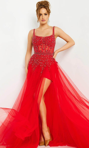 A-line Natural Waistline Scoop Neck Tulle Beaded Slit Sleeveless Floor Length Evening Dress with a Brush/Sweep Train