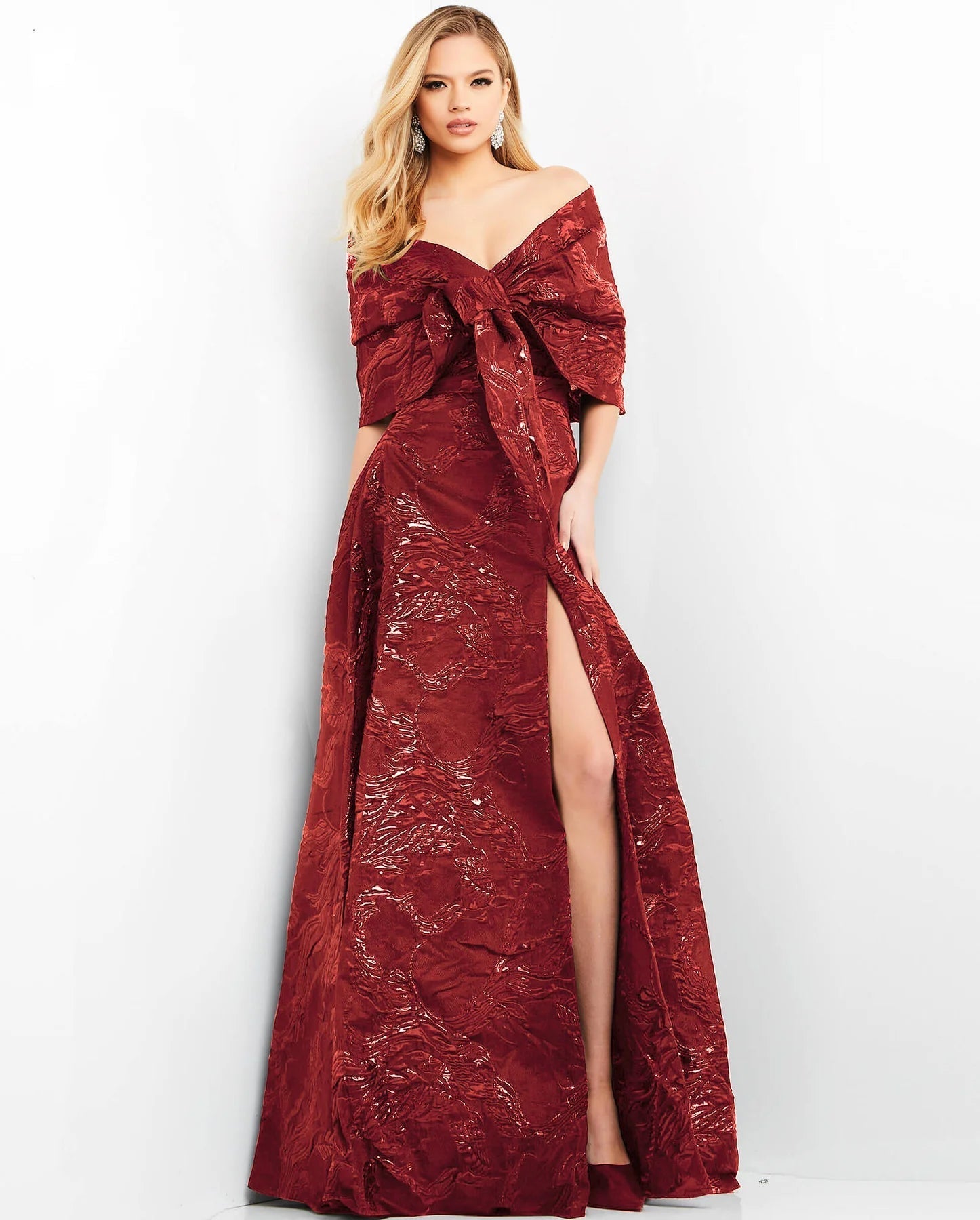 Sexy A-line Off the Shoulder Floor Length Jacquard Embroidered Slit Natural Waistline Dress with a Brush/Sweep Train With a Ribbon