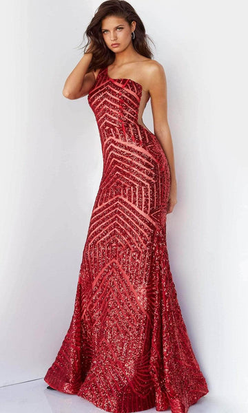 One Shoulder Sleeveless Floor Length Illusion Sequined Open-Back Geometric Print Natural Waistline Mermaid Dress with a Brush/Sweep Train