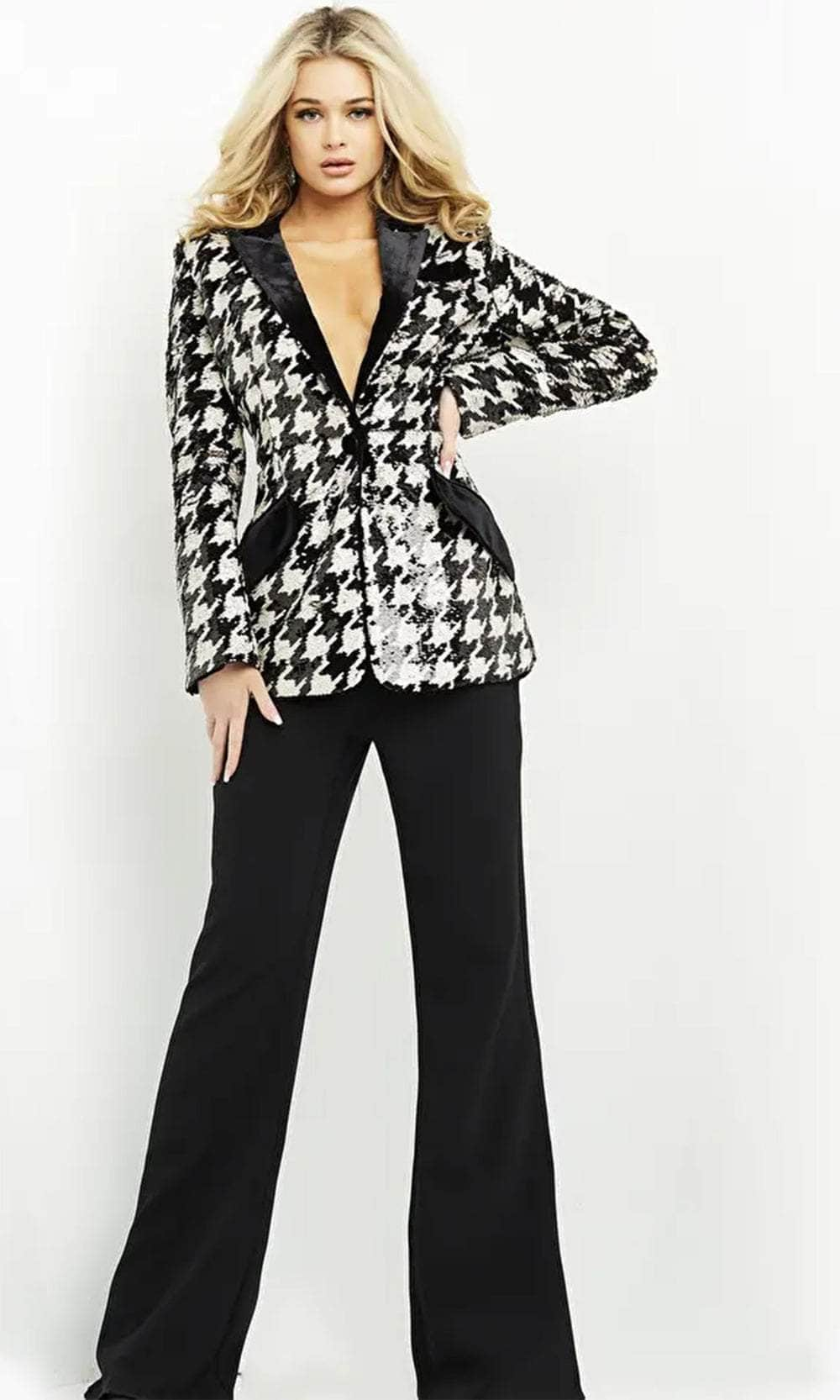 Jovani 07239 - Plunging Neck Long Sleeve Pantsuit
