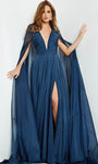 Sophisticated A-line V-neck Natural Waistline Pleated Slit Goddess Sheer Plunging Neck Dress with a Brush/Sweep Train