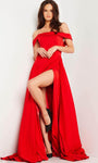 Sexy A-line Sheath Cap Sleeves Off the Shoulder Satin Slit Open-Back Pleated Back Zipper Asymmetric Floor Length Corset Natural Waistline Sheath Dress/Prom Dress with a Brush/Sweep Train