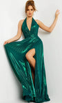 Sophisticated A-line V-neck Natural Waistline Backless Pleated Slit Plunging Neck Evening Dress with a Brush/Sweep Train