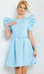 A-line Crepe Flutter Puff Sleeves Sleeves Cocktail Short Back Zipper Belted Jeweled Neck Natural Waistline Dress