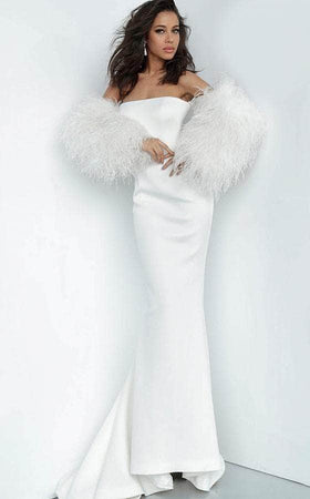 Jovani Strapless Feathered Evening Dress