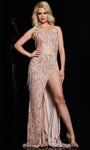 Sophisticated Cutout Asymmetric Slit Mesh Beaded Sheath Sleeveless Natural Waistline Sheath Dress with a Brush/Sweep Train