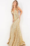 V-neck Natural Waistline Illusion Sequined Back Zipper Open-Back Sleeveless Floor Length Mermaid Plunging Neck Prom Dress with a Court Train