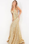 V-neck Sleeveless Natural Waistline Sequined Back Zipper Illusion Open-Back Plunging Neck Mermaid Floor Length Prom Dress with a Court Train