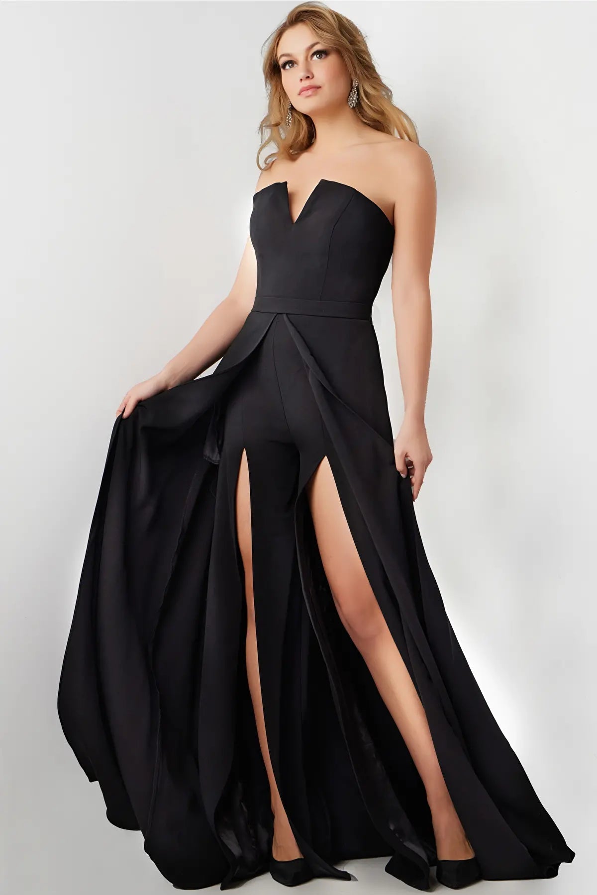 Sexy V-neck Strapless Slit Pocketed Open-Back Back Zipper Natural Waistline Jumpsuit