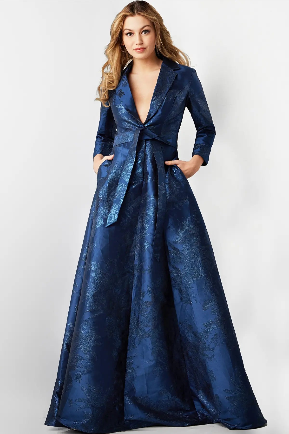 A-line V-neck Collared Notched Collar Plunging Neck Floral Print Pocketed Self Tie Back Zipper Belted Natural Tie Waist Waistline 3/4 Sleeves Floor Length Evening Dress with a Brush/Sweep Train