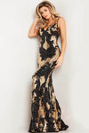 V-neck Sequined Fitted Sleeveless Sheath Floor Length Natural Waistline Sheath Dress with a Brush/Sweep Train