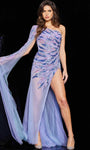One Shoulder Sheath Natural Waistline Slit Asymmetric Beaded Sequined Sheath Dress with a Brush/Sweep Train