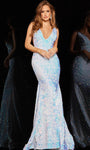 V-neck Plunging Neck Mermaid Floor Length Natural Waistline Sleeveless Back Zipper Open-Back Sheer Evening Dress/Party Dress with a Brush/Sweep Train