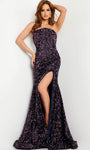 Sexy Strapless Sheath Mermaid Sequined Slit Open-Back Back Zipper Natural Waistline Straight Neck Sheath Dress/Evening Dress with a Brush/Sweep Train