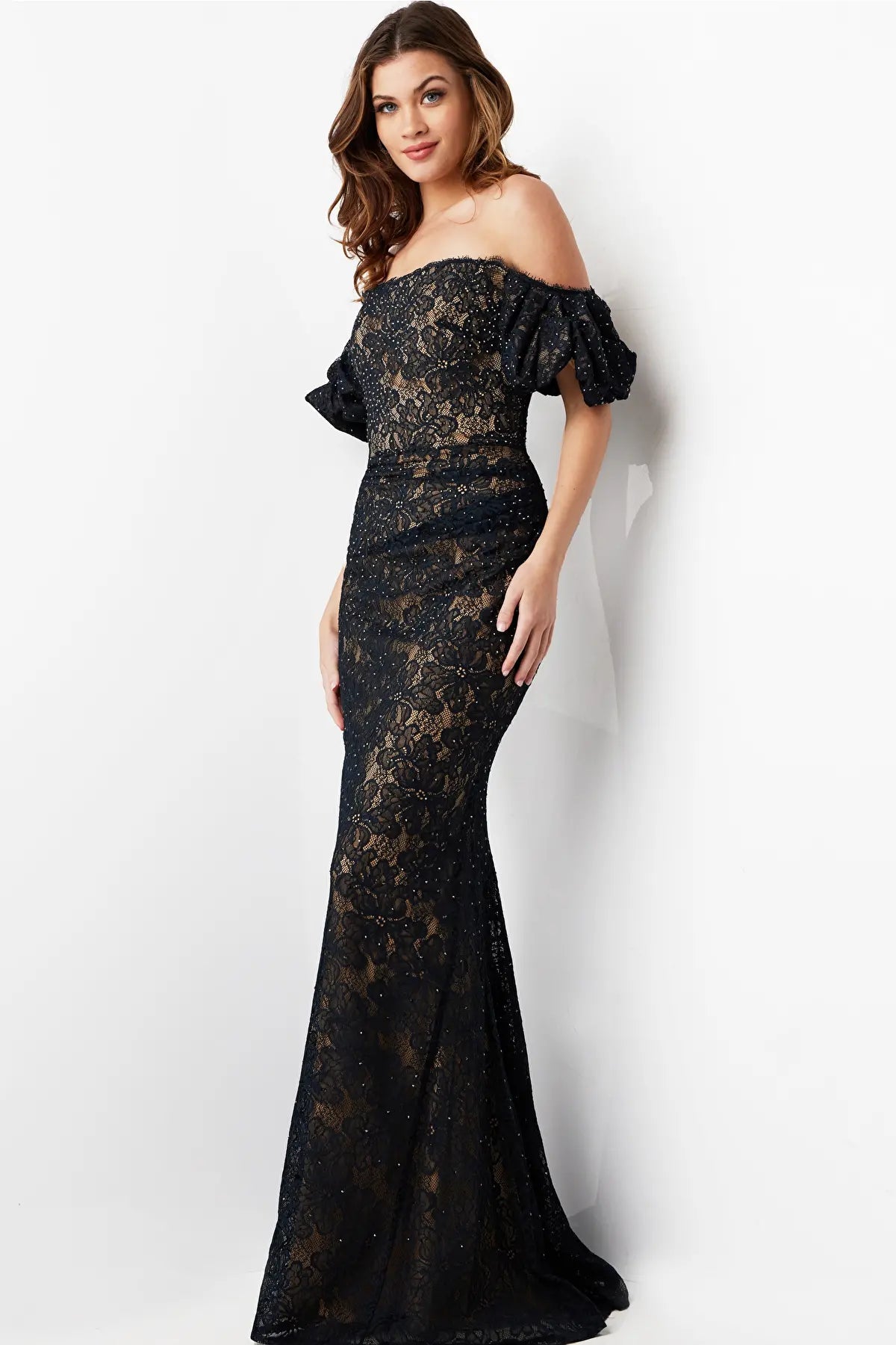 Pleated Beaded Back Zipper Natural Waistline Lace Puff Sleeves Sleeves Off the Shoulder Straight Neck Sheath Sheath Dress/Evening Dress/Prom Dress with a Brush/Sweep Train