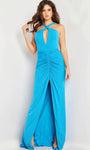 Sexy Sophisticated Sleeveless Sheath Jersey Natural Waistline Halter Backless Back Zipper Ruched Glittering Keyhole Slit Sheath Dress/Evening Dress/Prom Dress with a Brush/Sweep Train