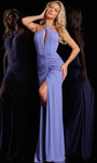 Sexy Sophisticated Sleeveless Natural Waistline Halter Sheath Glittering Keyhole Ruched Back Zipper Backless Slit Jersey Sheath Dress/Evening Dress/Prom Dress with a Brush/Sweep Train
