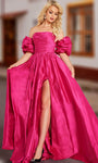 A-line Strapless Taffeta Straight Neck Natural Waistline Ruched Slit Puff Sleeves Sleeves Dress with a Brush/Sweep Train