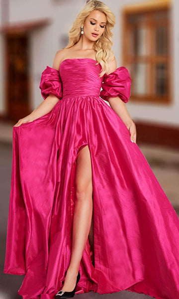 A-line Strapless Ruched Slit Puff Sleeves Sleeves Straight Neck Natural Waistline Taffeta Dress with a Brush/Sweep Train