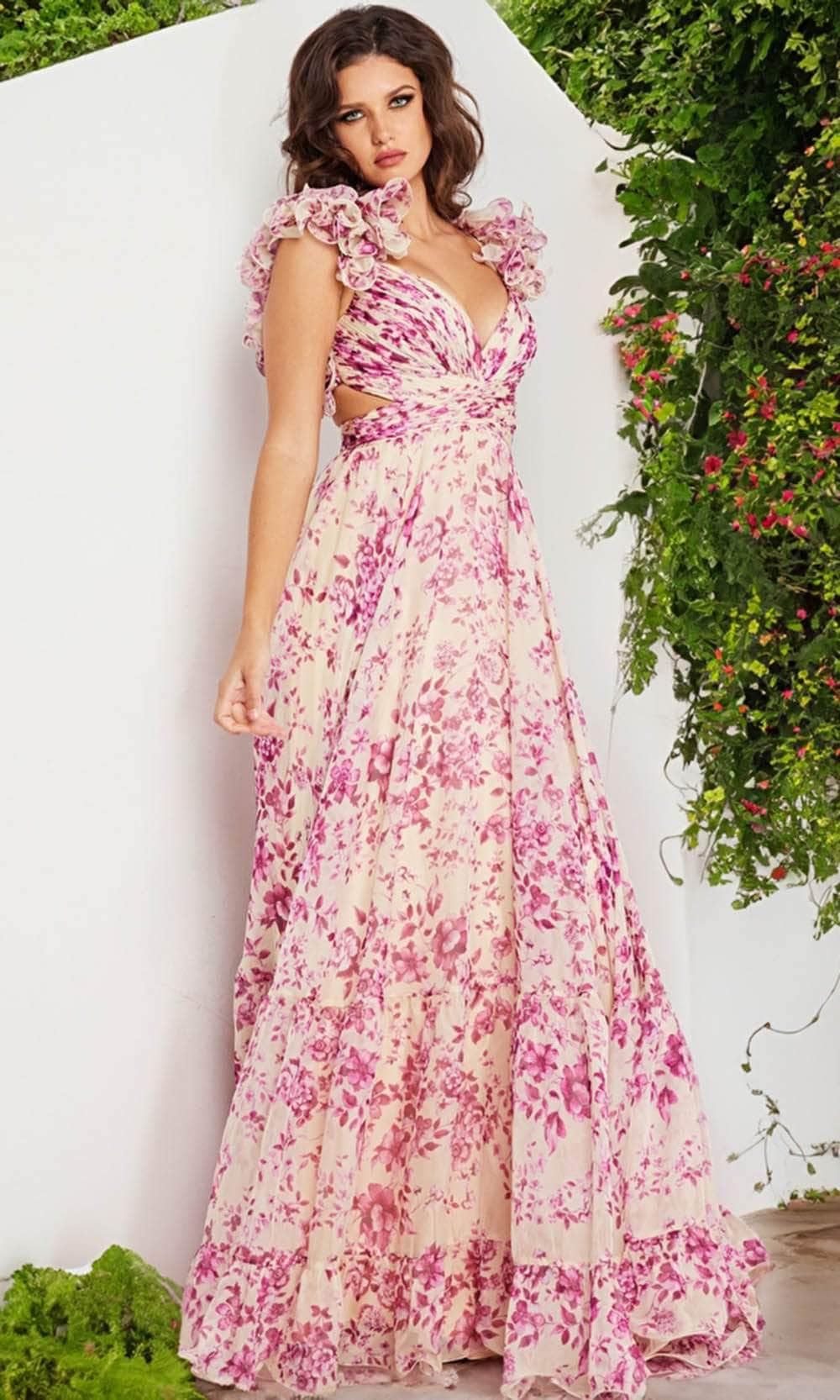 Jovani 24139 - Ruffled Floral Print Gown
