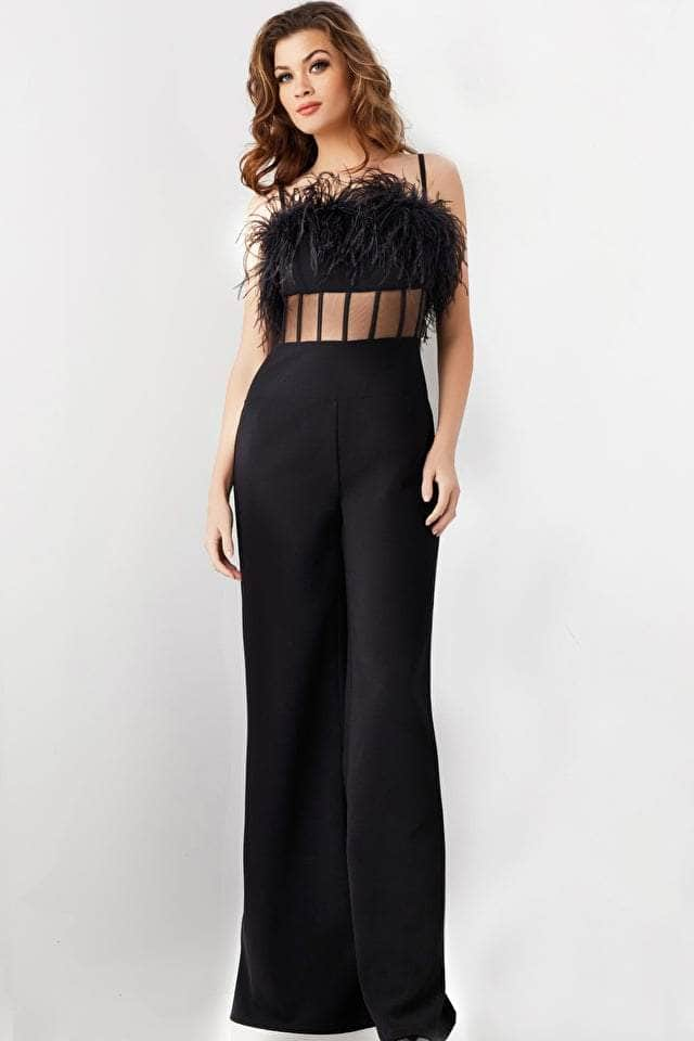 Jovani 24144 - Sleeveless Feather Detailed Jumpsuit
