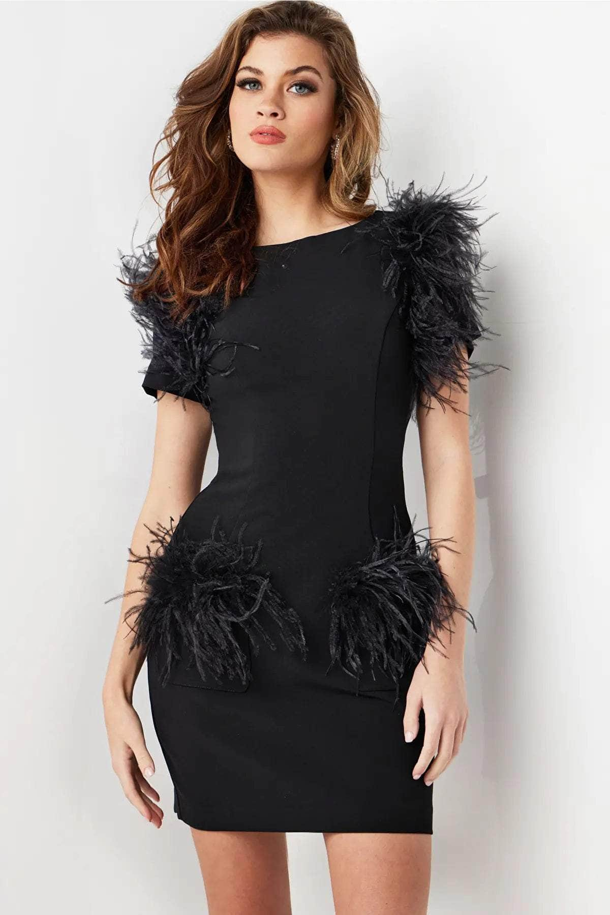 Jovani 24558 - Feather Accent Bateau Cocktail Dress
