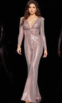 V-neck Floor Length Plunging Neck Sequined Back Zipper Ruched Natural Waistline Long Sleeves Jumpsuit