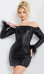 Long Sleeves Off the Shoulder Sheath Open-Back Fitted Sequined Basque Corset Waistline Cocktail Short Sheath Dress/Party Dress