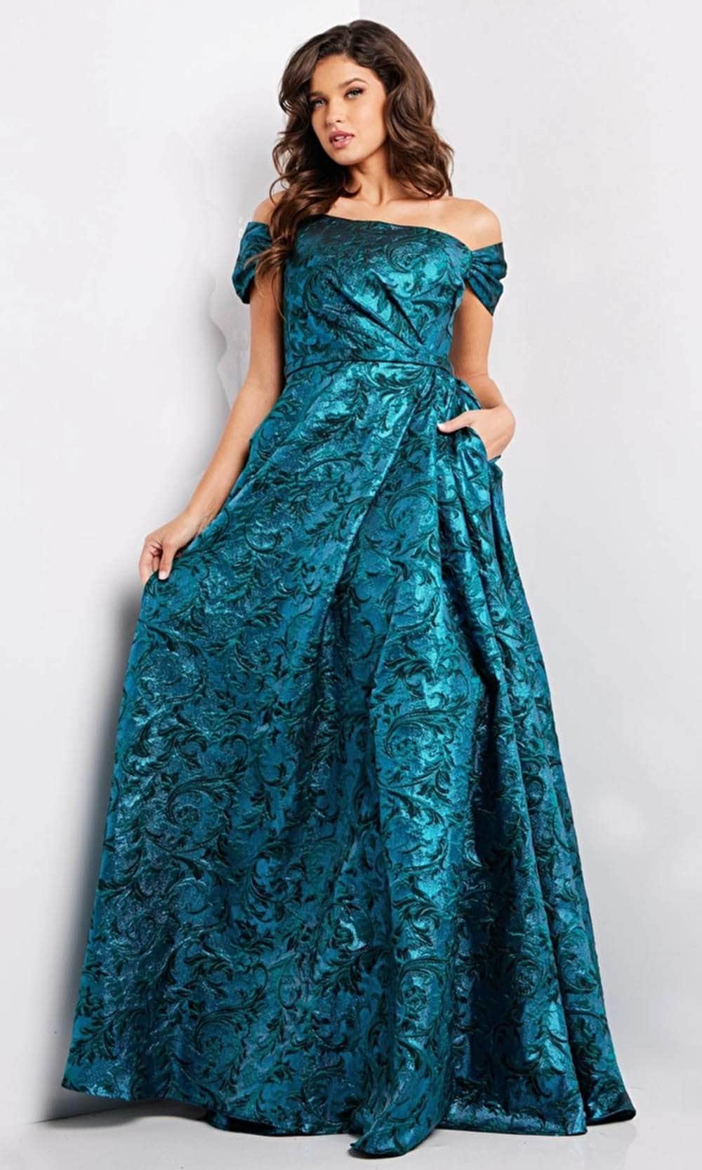 Jovani 25665 - Cap Sleeve Jacquard Evening Gown
