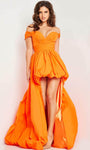A-line Ruched Asymmetric Off the Shoulder Natural Waistline High-Low-Hem Taffeta Dress with a Brush/Sweep Train
