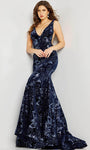 A-line V-neck Natural Waistline Open-Back Sheer Sequined Cutout Sleeveless Thick Straps Evening Dress/Party Dress with a Brush/Sweep Train