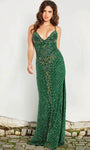 Sophisticated V-neck Beaded Embroidered Slit V Back Mesh Plunging Neck Spaghetti Strap Sheath Natural Waistline Sheath Dress