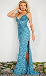 Sophisticated V-neck Spaghetti Strap Sheath Plunging Neck Embroidered V Back Beaded Slit Mesh Natural Waistline Sheath Dress