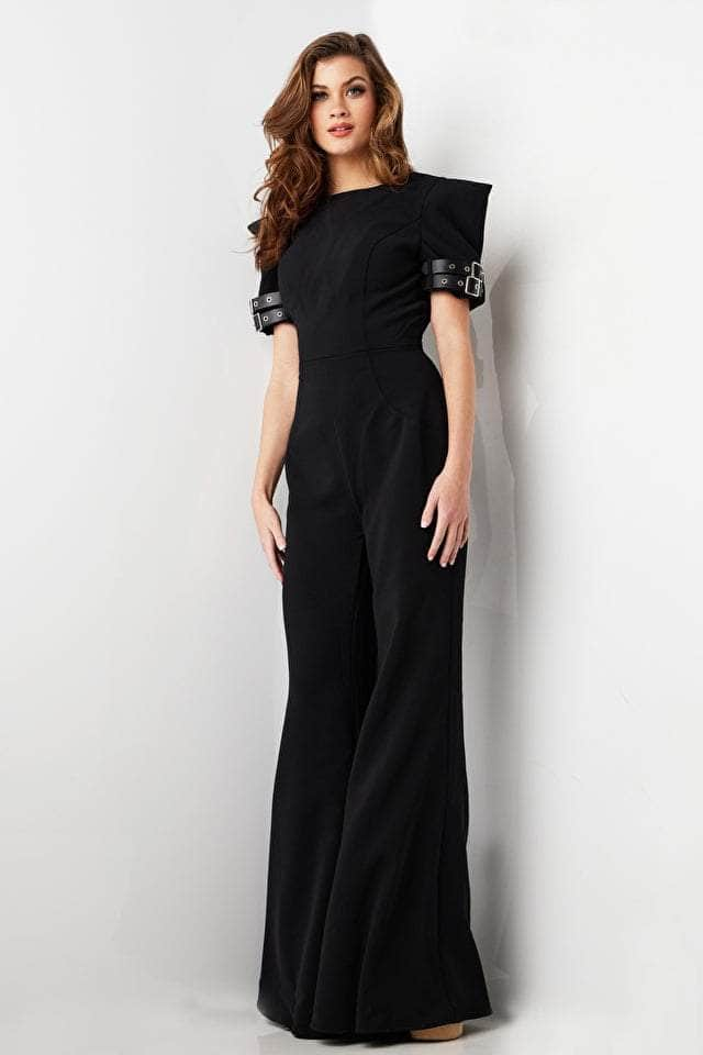 Jovani 36692 - Belt-Like Detailed Short Sleeve Jumpsuit
