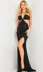 Sophisticated V-neck Natural Waistline Sheath Mesh Cutout Open-Back Slit Beaded Plunging Neck Spaghetti Strap Sheath Dress with a Brush/Sweep Train