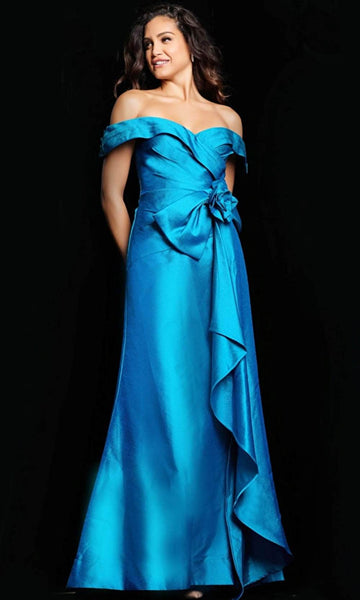 A-line Taffeta Sweetheart Cap Sleeves Off the Shoulder Floor Length Open-Back Back Zipper Pleated Natural Waistline Evening Dress With a Bow(s) and Ruffles