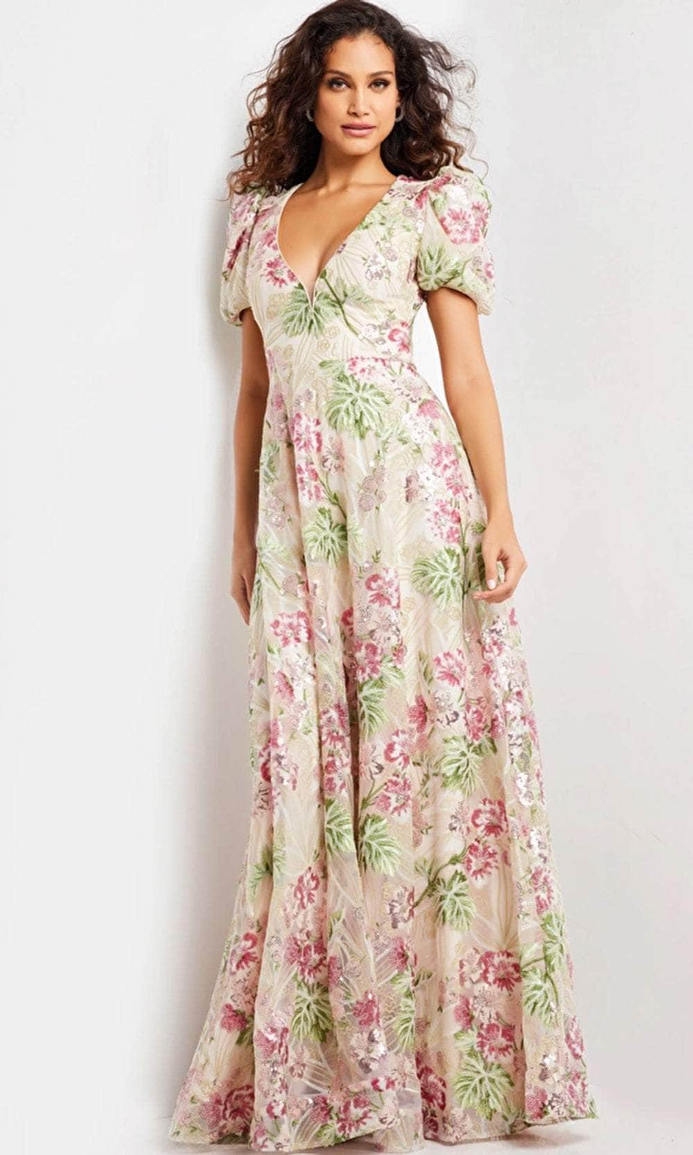 Jovani 37636 - Plunging Floral Sheath Long Dress
