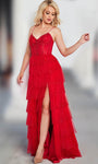 Sophisticated A-line Tulle Slit Beaded Tiered Spaghetti Strap Corset Natural Waistline Sweetheart Dress