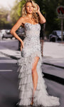 Sophisticated Strapless Slit Embroidered Tiered Sheath Off the Shoulder Corset Natural Waistline Sheath Dress