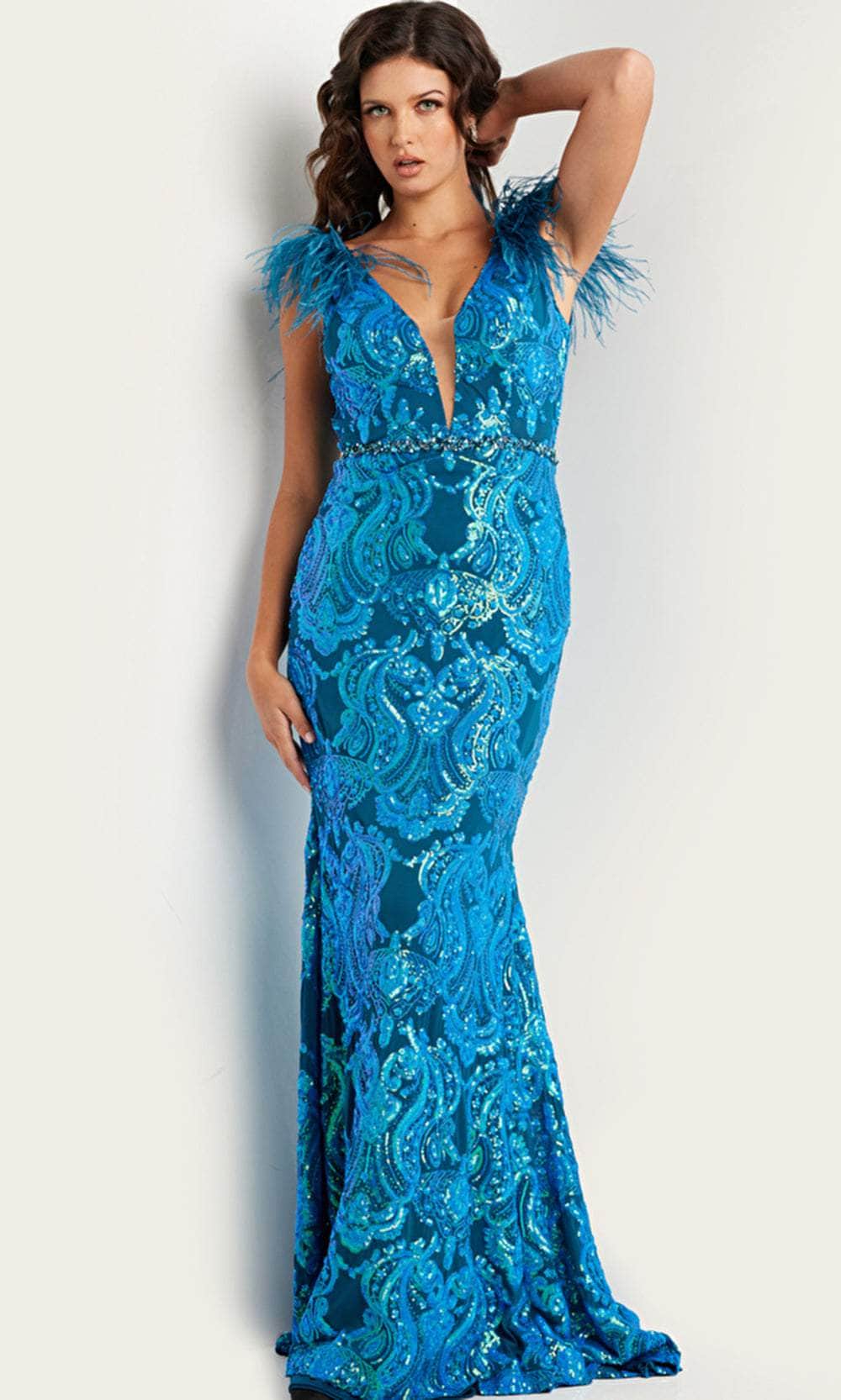 Jovani 38758 - Feather Sequined Long Gown
