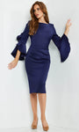 Bell Sleeves Back Zipper Ruched Fitted Draped Cocktail Above the Knee Sheath Natural Waistline Jeweled Neck Sheath Dress