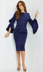 Sheath Fitted Back Zipper Draped Ruched Natural Waistline Cocktail Above the Knee Jeweled Neck Bell Sleeves Sheath Dress
