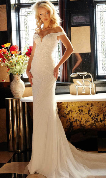 Natural Waistline Plunging Neck Beaded Illusion Fitted Mesh Off the Shoulder Sheath Sheath Dress/Wedding Dress with a Chapel Train