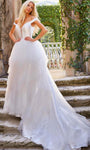 Sophisticated Plunging Neck Off the Shoulder Tulle Button Front Illusion Fitted Button Closure Sheer Mesh Natural Waistline Wedding Dress with a Chapel Train