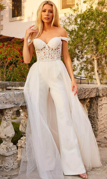 Sophisticated Sweetheart Off the Shoulder Sheer Gathered Illusion Beaded Corset Natural Waistline Wedding Dress/Jumpsuit